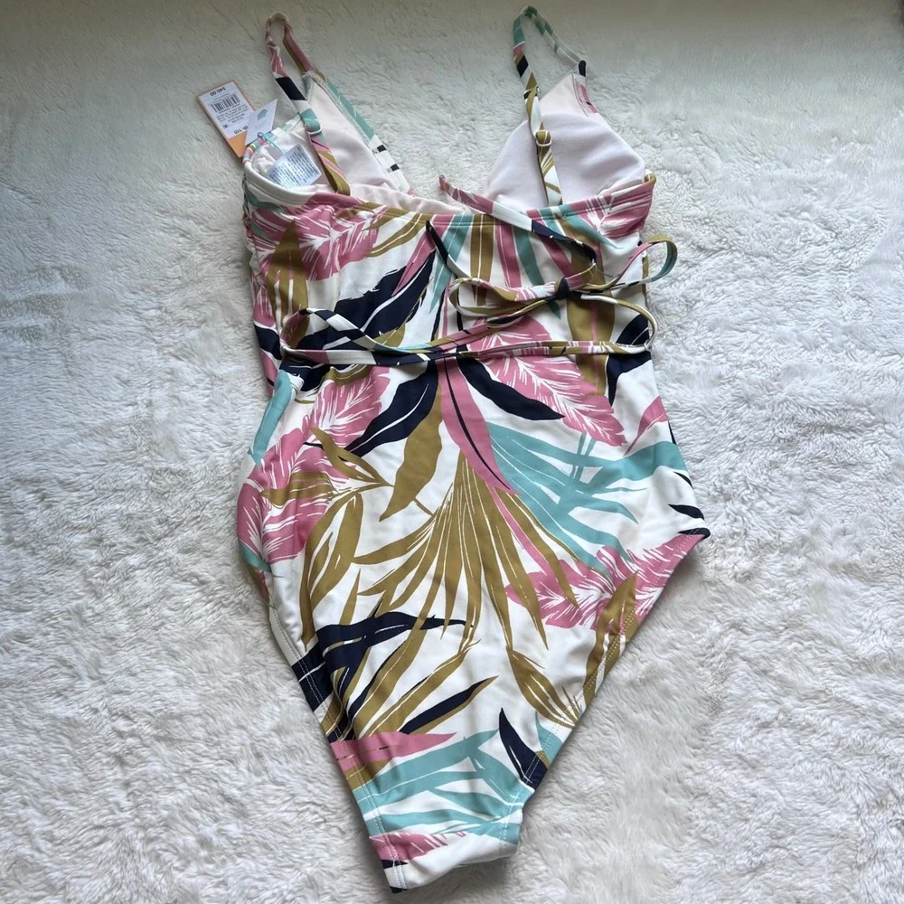 Kona Sol Womens Tropical Palm Leaf Lace Up One Piece Swimsuit Multi Color M 8-10